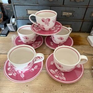 Pink Floral Ceramic Tea Cup and Saucer Set - 6 Pieces